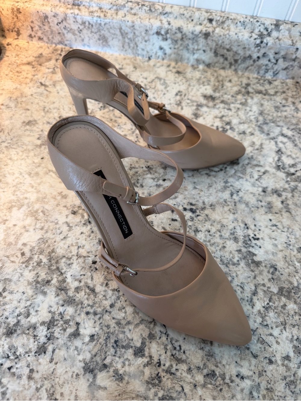 French Connection Taupe Pointed-Toe Strappy Heels Stiletto Buckle Career